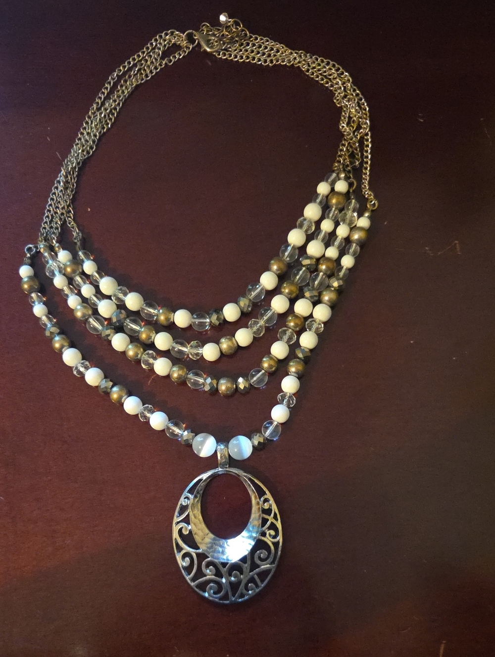 Multi-Strand White & Gold Beaded Pendant Necklace